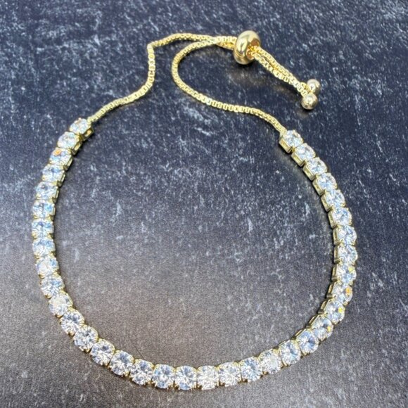 Slider Tennis Bracelet 14K Gold Overlay Adjustable Made with Swarovski Crystals - Picture 13 of 16